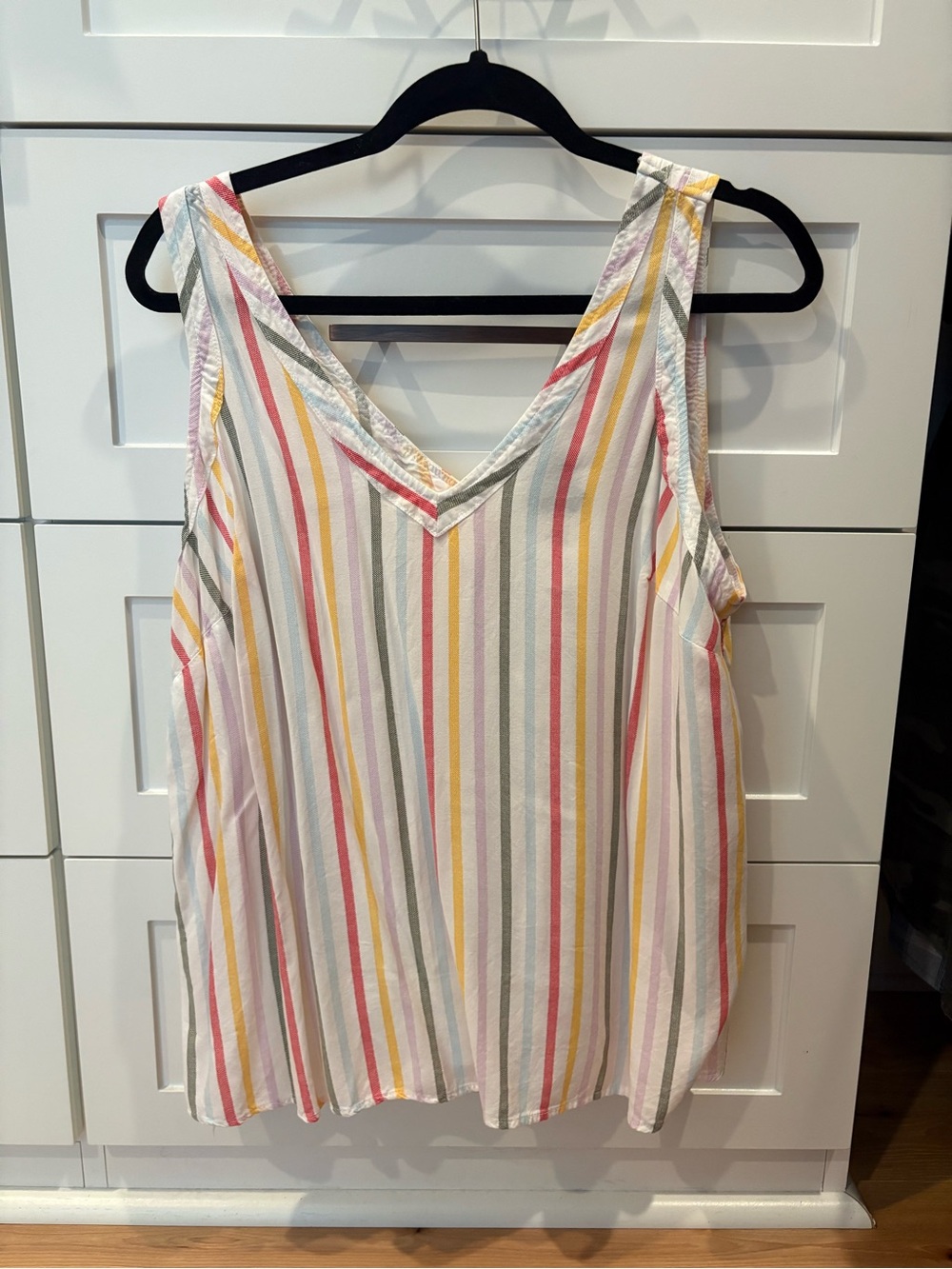 torrid White V-Neck Striped Tank Top with Pink, Yellow, Green and Orange Stripes